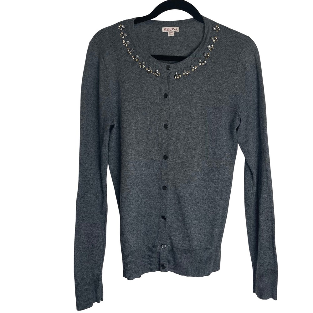 Merona Gray Embellished‎ Cardigan Sweater Classic Button Up Medium